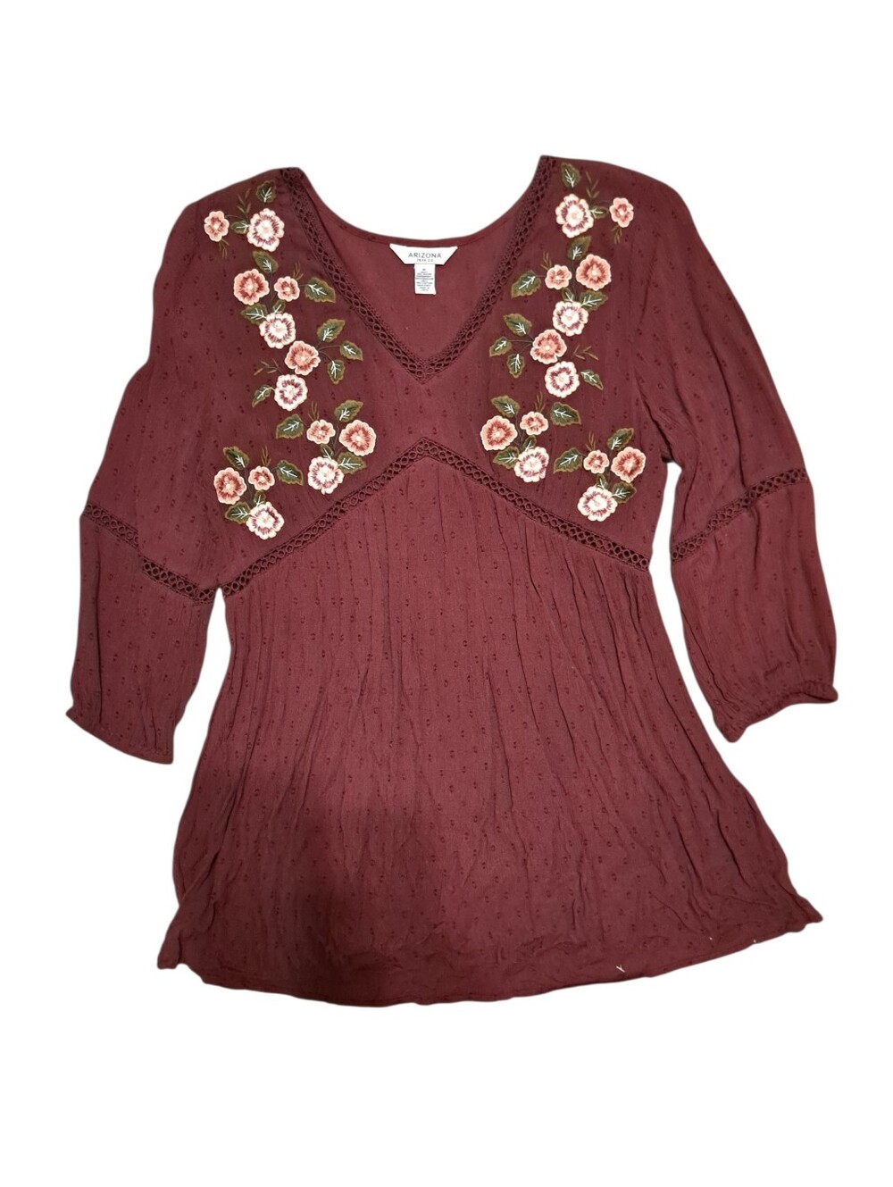 Arizona Jean Company Embroidered V-Neck Peasant Top - Rose Brown